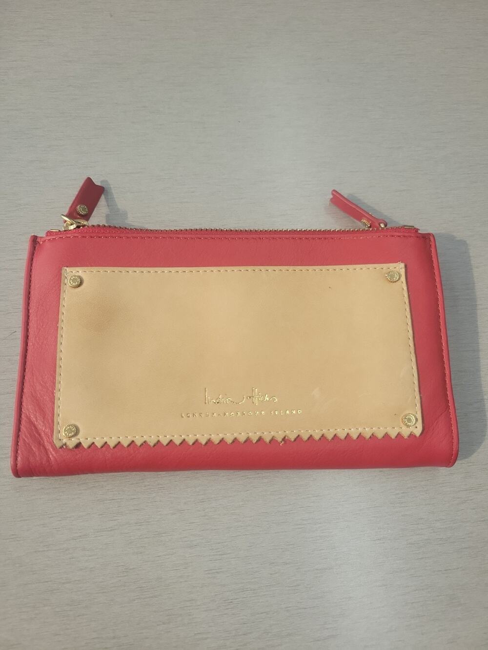 India Hicks Takeout Wallet Double Zip Red Tan Leather